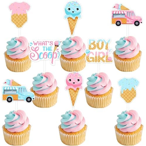JOYMEMO 24 Pcs What's The Scoop Gender Reveal Cupcake Toppers - Pink Blue Ice Cream Baby Shower Decorations, Double Sided Paper Ice Cream Cake Decor for Pregnancy Celebration Newborn Party - Image 1
