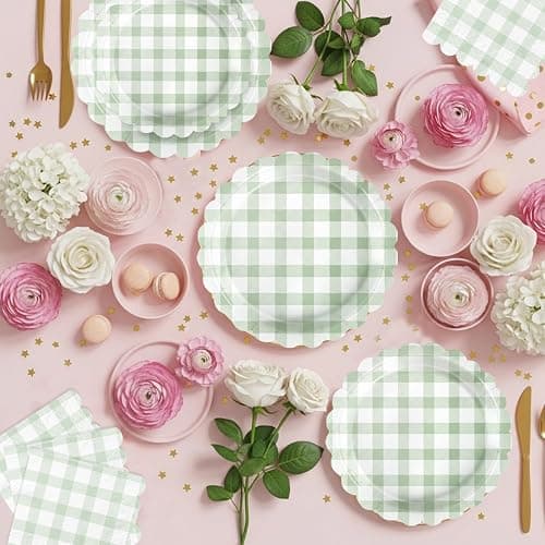 102 PCS Sage Green Gingham Party Supplies - Scalloped Plates, Napkins, Cups, Forks, Banner, Gingham Tablecloth for Baby Shower, Wedding, Birthday, Serves 25 thumbnail 2