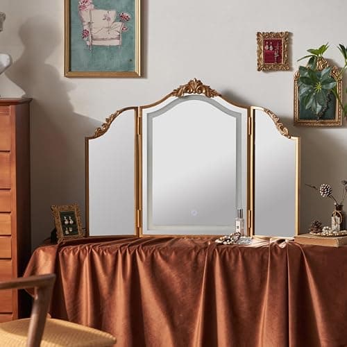 HSDDHOME Antique Gold Triple Fold Makeup Mirror with Tri-Color LED Lighting & Dimming, Baroque Carved Arch Vintage Vanity Mirror, Bohemian Decor for Bedroom/Dressing Room, 31x23 Inch thumbnail 2