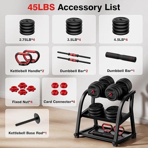 Cvonte Adjustable Dumbbell Set, 20/30/45/70/90lbs Free Weight Set With Double Locknut, 5-in-1 Dumbbells Set Includes Barbell, Kettlebells, Push up Stand, Weight Plate, Fitness Exercise for Home Gym Suitable Men/Women thumbnail 8