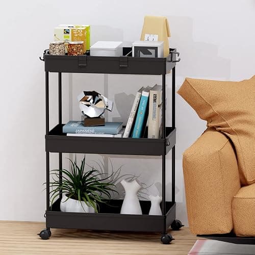 SPACELEAD 3 Tier Rolling Cart with Wheels, Storage Craft Art Trolley Organizer Serving, 3 Hanging Baskets Easy Assembly, for Office, Bathroom，Living Room, Kitchen, Black thumbnail 8