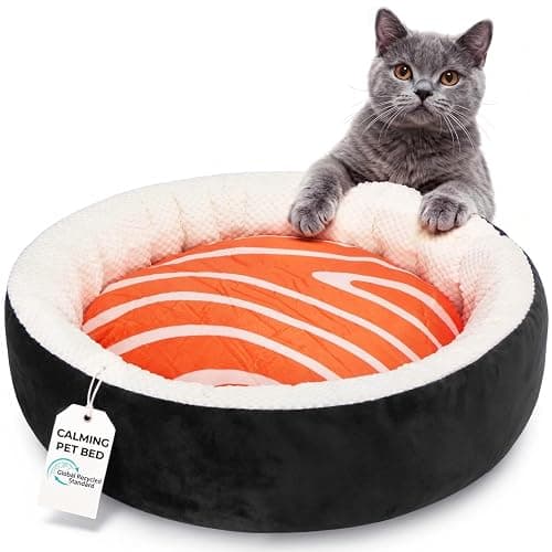 Mellownido Sushi Cat Bed, Calming Small Dog Bed 21in, Washable | Anti-Anxiety Cuddler Bed for Kitten & Puppy, Ultra-Soft Plush Fur, Non-Slip Bottom, Fully Machine Washable Pet Bed - Image 1