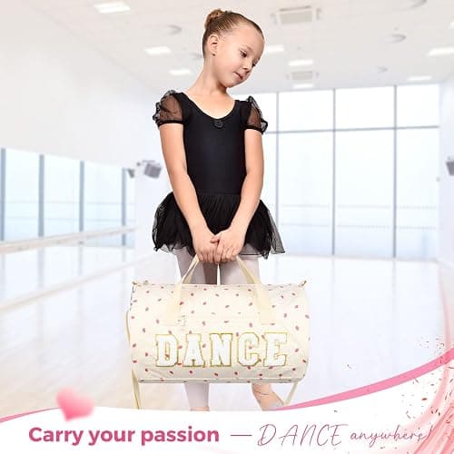 Dance Bag for Girls, KUIRAN 23L Waterproof Travel Duffel Bag with Colorful Chenille Letter, Lightweight Small Gym Sport Ballet Weekender Bag with Large Main Compartment - Strawberry/White thumbnail 2