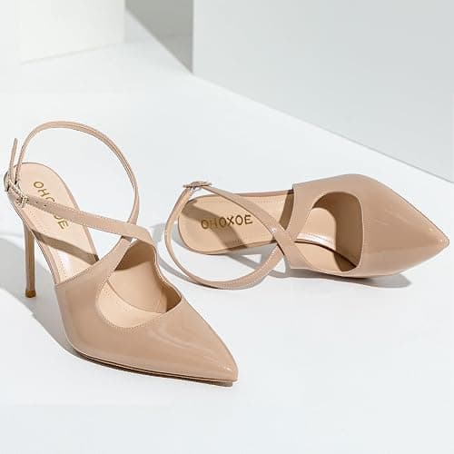 OHOXOE Slingback Heels for Women Closed Pointed Toe Stiletto Pumps Cross Strap Dress Shoes Wedding Party Prom Evening Dressy Comfortable Pumps Shoes thumbnail 7