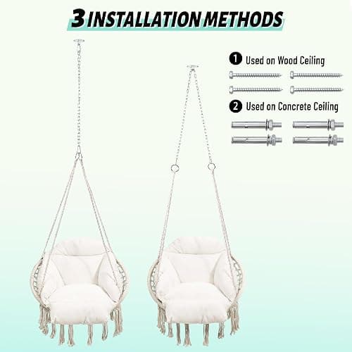 KROFEM Macrame Hammock Hanging Swinging Chair with Oversized Cushion, Perfect for Bedroom, Porch, Kids, Adults, Balcony, Beige thumbnail 6