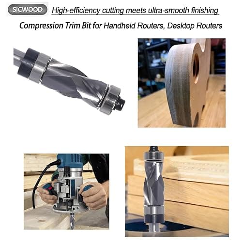 SICWOOD Compression Top and Bottom Bearing Flush Trim Router Bit 1/4 Shank - 1/2" Cutting Dia, Carbide Spiral Up-Down Pattern Template Flush Cut Router Bit, for Wood Trimming thumbnail 5