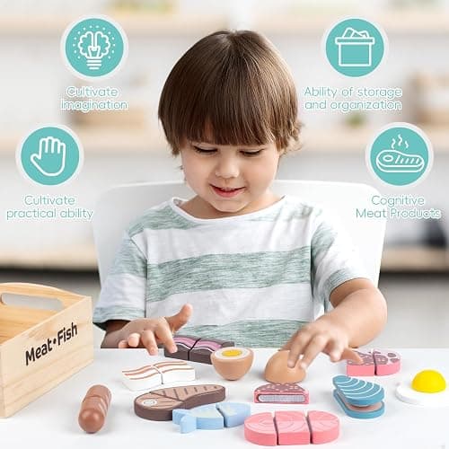 Kienvy 10 PCS Meat & Fish Wooden Play Food Set for Kids Kitchen, Wooden Toy Pretend Play Food Cutting Set, Realistic Protein Play Food Set, Christmas Birthday Present for Toddlers & Kids Ages 3+ thumbnail 4