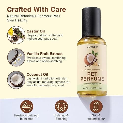 ulroyda Dog Cologne & Pet Perfume – Long-Lasting Coconut & Vanilla Scent | Alcohol-Free Deodorizing Spray for Dogs & Cats, Gentle Non-sticky Grooming Formula, 4.06 oz thumbnail 3