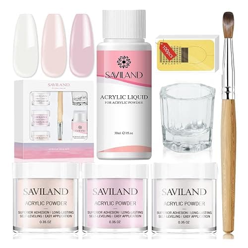 Saviland Acrylic Nail Kit, 3 Colors Pink Nude Clear Acrylic Powder and Liquid with Brush, Froms Dappen Dish Set for Nail Extensions & Manicures - Image 1