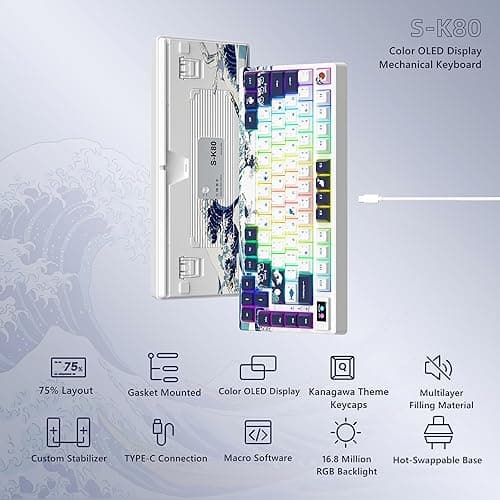 Womier S-K80 75% Keyboard with Color Multimedia Display Mechanical Gaming Keyboard, Wired Hot Swappable Gasket Mount RGB Custom Key Board, Pre-lubed Stabilizer for Mac/Win, White Kanagawa - White Kanagawa thumbnail 6
