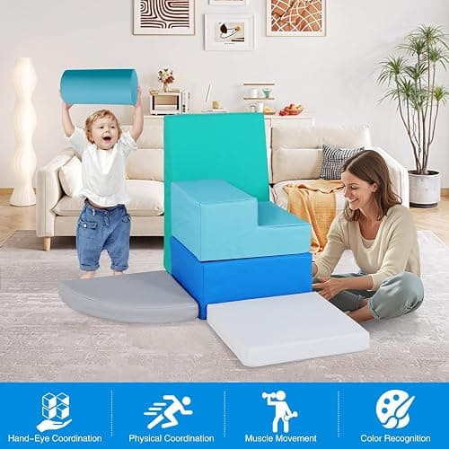 6-Piece Soft PU Leather Toddlers Climbing Toys for Baby - Kids Foam Climbing Blocks for Toddlers Indoor - Climb & Crawl Soft Foam Block Activity Play Set - Toys for Kids Crawling Sliding (Mixed Color) thumbnail 6