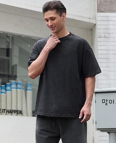 Men's Cotton T-Shirts Oversized Unisex Short Sleeves Casual Loose Wash Solid Basic Tee Tops thumbnail 6