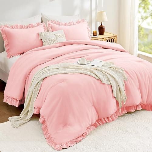 FUANNA Pink Queen Comforter Set, 3 Pieces Ruffle Queen Bed Set, Fluffy Bed in a Bag Queen for All Seasons, Shabby Chic Bedding Comforter Sets with 1 Lightweight Comforter & 2 Pillowshams thumbnail 2