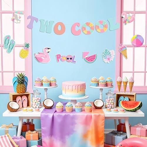 Funmemoir Two Cool Pool Birthday Party Banner and Garland Set, Macaron Color Paper Banner with Prestrung Pool Theme Garland for Girls 2nd Birthday, Summer Swimming Beach Party Decorations thumbnail 2