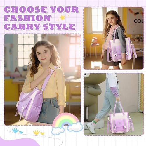 MUSEVOS Kawaii Girls Backpack for School with Convertible Shoulder Tote Bag，Cute Teenage Multiple Pockets Backpack for Primary Elementary High School, Purple 3 Pcs Set thumbnail 3