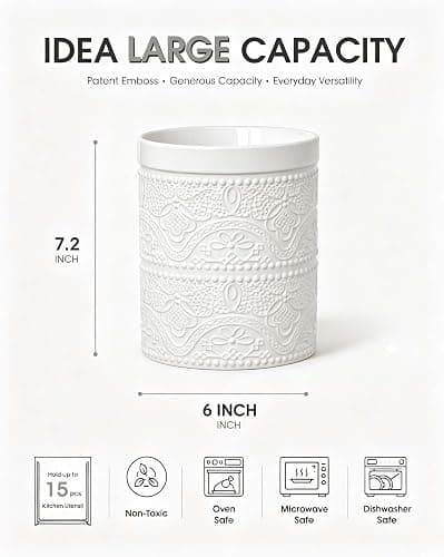 FUN ELEMENTS Kitchen Utensil Holder, 7.2" Super Large Utensil Crock Heavy and Stable Lace Emboss Ceramic Utensil Holder for Kitchen Counter (Bright White) thumbnail 3