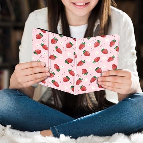 Uppuppy for Kindle Paperwhite 11th Generation Case 6.8 Inch 2021 / Paperwhite Signature Edition Cute Women Girls Teens Unique Strawberry Folio Fabric Paper White Cover with Auto Sleep/Wake E-Reader thumbnail 6