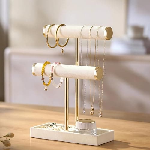 Josmimic 2 Tier Bracelet Holder Display - Detachable T Bar Beige Velvet Bracelet Holder, Jewelry Holder Organizer for Bracelet, Necklace, Watches, Rings thumbnail 2