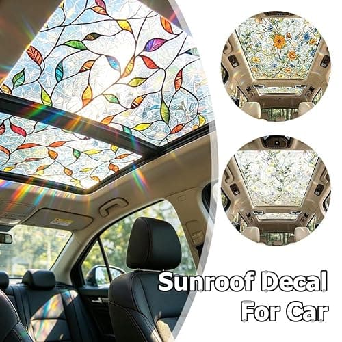 Stained Vintage Sunroof Decal for Car,17.72 × 47.24in Flower/Plant Decal Film Floral Rainbow Effect, Static Clings Stained Glass Window Privacy Film,Sun Protection for Living Room, Car Sunroof thumbnail 3