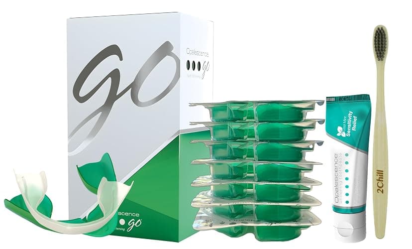 Opalescence GO 15 Whitening Bundle - (7 Treatments) Hydrogen Peroxide Prefilled Teeth Whitening Trays and Travel Sensitive Whitening Toothpaste 1 Oz - Mint Flavor- Includes a Toothbrush - 6288-1T - Image 1