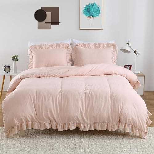 Joankaren Queen Size Ruffled Microfiber Duvet Cover Set – Soft, Breathable, Washed Microfiber with Button Closure, 3-Piece Bedding Set (1 Duvet Cover 90"x90", 2 Pillowcases), Pink - Image 1