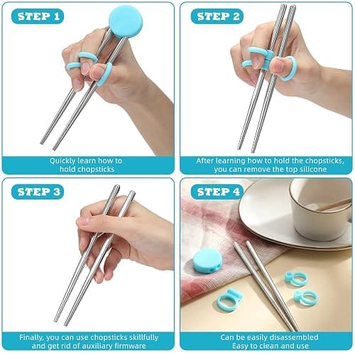 Patelai 2 Pairs Training Chopsticks for Kids, Children Learning Stainless Steel Reusable Metal Chopsticks Helper(Blue, Pink) thumbnail 3