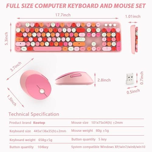 KOOTOP Cute Pink Wireless Keyboard and Mouse, 2.4G Retro Round Keycap for PC, Mac, Laptop, Tablet, Computer Windows thumbnail 9