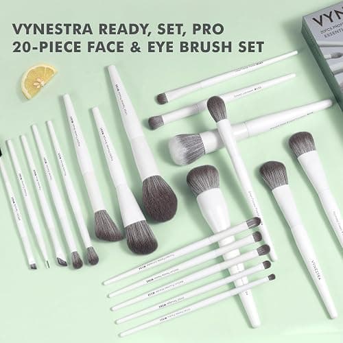 Vynestra Makeup Brushes 20Pcs Pro Face & Eye Makeup Brush Set Labeled,White | Non Shedding ultra Dense Soft Bristle,Make Up Brush kit for Blending,Powder,Foundation,Bronzer,Highlight,Concealer,Eye Shadow thumbnail 2