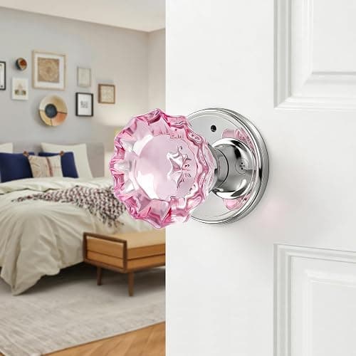 SHINY HANDLES Pink Glass Door Knobs Interior with Lock, Crystal Door Knob | Interior Rose Shape Polished Chrome Privacy Door Knob for Bedroom and Bathroom thumbnail 5