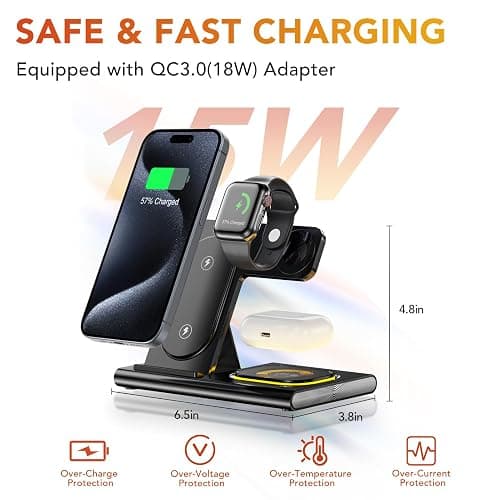 3 in 1 Charging Station for iPhone 17 - Wireless Charger for Apple Devices for iPhone 17 16 15 14 13 12 11 Pro Max - Foldable Wireless Charging Station Dock Stand for Apple Watch Series & AirPods thumbnail 5