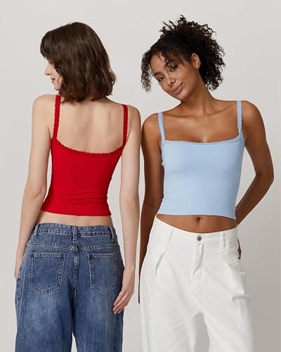 QINSEN Womens Square Neck Lace Trim Tank Top Double Lined Slim Fitted Y2k Going Out Camisole Shirts thumbnail 5