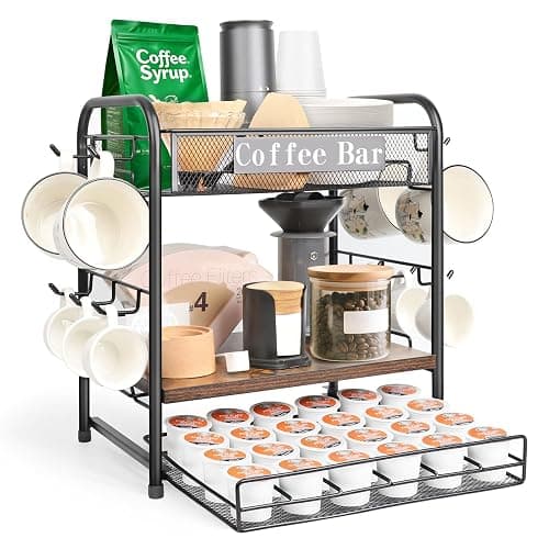Coffee Bar Organizer, Station Mug Holder for Countertop, Multi-Functional 3 Tier Coffee Cup Tree Rack for Kitchen, Storage Shelf with 10 Hooks, K Cup Pod Drawer for Home Office - Image 1