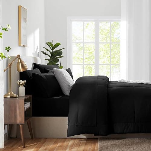 CozyLux Queen Comforter Set Black, 7 Pieces Bed in a Bag, Black Comforter Queen Size, All Season Bedding Sets with Stitch Quilted Comforter, Flat Sheet, Fitted Sheet, Pillowcases thumbnail 9