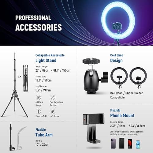 NEEWER 18 Inch RGB LED Ring Light APP Control with Tripod Stand and Phone HolderCompatible with iPhone for Selfie Makeup Lash Studio Streaming Video Recording Lighting, 42W Ringlight Dimmable,RGB18 II thumbnail 7