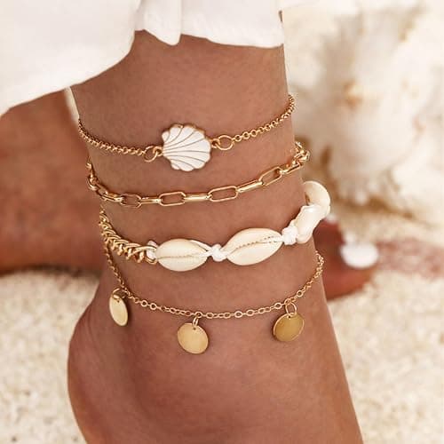 Rrdaily 4 Pcs Natural White Shell Anklet Set for Women,Handmade Adjustable Conch Anklet Set Beach Jewelry Gift thumbnail 2