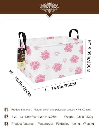 HUNRUNG Rectangle Canvas Storage Basket Foldable Waterproof Toy Organizer Bin with Handles Fabric Collapsible Storage Bins for Shelves Kids Room Playroom Nursery Clothes and Pet Supplies(REC-Pink Paw) thumbnail 3