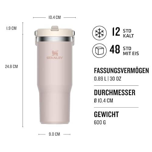 Stanley Flip Straw Tumbler 1.0 Trinkflasche Mit Strohhalm 0.89L - Thermosflasche Hält 12+ Stunden Kalt - Spülmaschinenfest - Sportflasche - Wasserflasche BPA Frei - Rose Quartz thumbnail 3