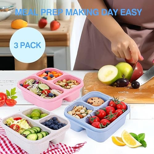 Rinwoc Bento Box [Portion Size], 3 Pack Snack Containers with 3 Compartments for Meal Prep & On-the-Go [School, Travel], Lunchable Container Reusable and BPA-Free thumbnail 5