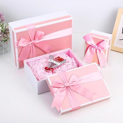 Airuisike Gift Boxes With Lids For Presents, Set Of 3 Pink Gift Wrap Boxes With Ribbon, Assorted Boxes For Presents, Sturdy & Pre-Wrapped Gift Box thumbnail 5