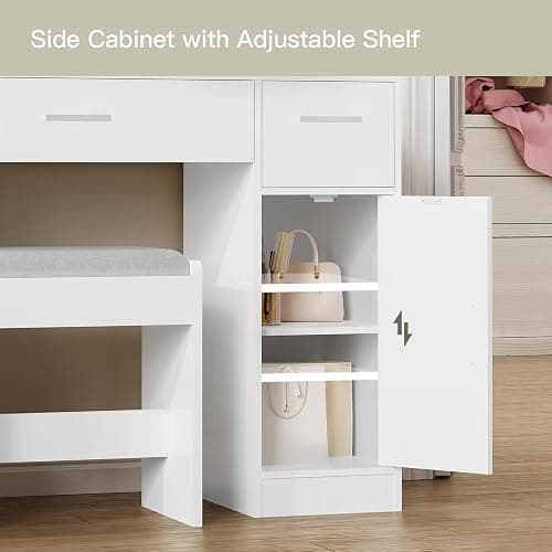 usikey Large Vanity with Mirror and Light, Dressing Table Set with 3 Drawers, 2 Cabinets and 10 LED Bulbs Dresser with Stool for Women,Bedroom,Bathroom, White thumbnail 8