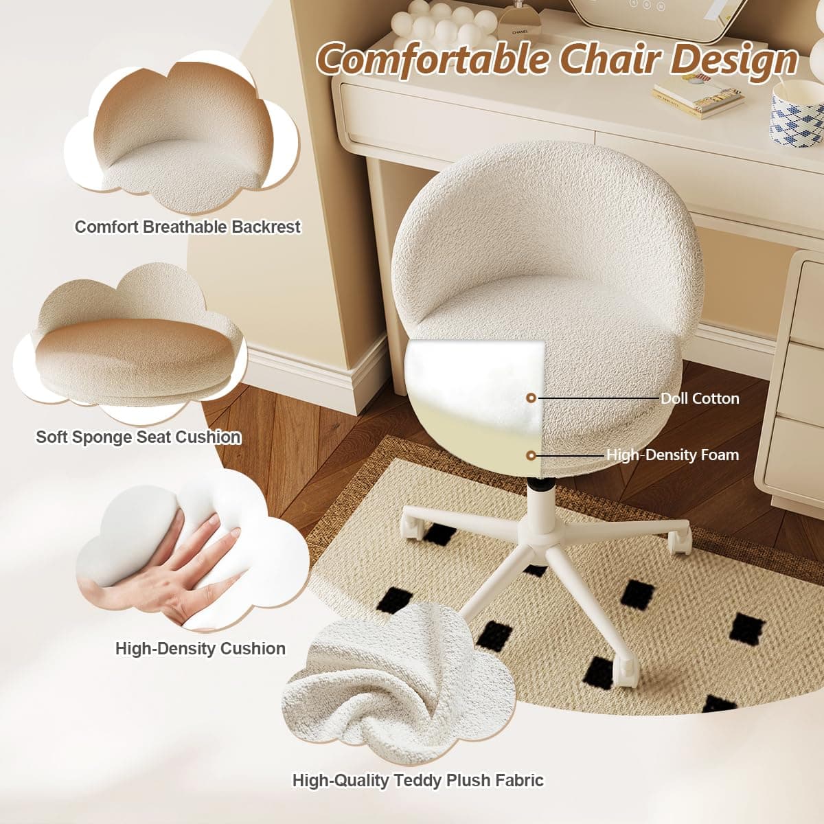Armless Vanity Chair with Back,360°Swivel Makeup Chairs Small Office Chair with Wheels,Height Adjustable Computer Task Chair for Bedroom,Living Room,White thumbnail 3