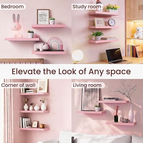 BAYKA Pink Floating Shelves 15.7in, Set of 3, Wall Mounted for Wall Decor | Easy Install, 22lbs Max Load, Hidden Bracket, Shelving for Bathroom Bedroom Kitchen Display Storage, Multi-Wall Compatible thumbnail 7