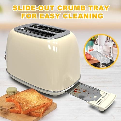 Toaster 2 slice, KitchMix Retro Stainless Steel Toaster with 6 Settings, 1.5 In Extra Wide Slots, Bagel/Defrost/Cancel Function, Removable Crumb Tray (Cream) thumbnail 7