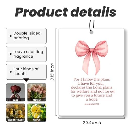 Coquette Pink Floral Christian Car Air Freshener 4 Pcs - Girly Pink Bow Religious Hanging Air Freshener 4 Pcs for Cars Closet Drawer Books, Cute Christian Accessories Mirror Gifts for Women Girls thumbnail 2