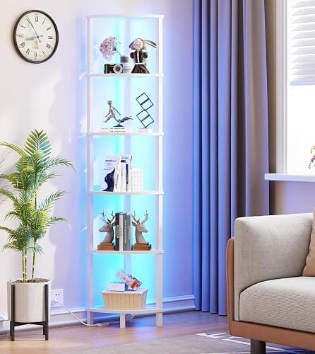 VIMBER Corners Shelf with LED Light, 6-Tier Corner Bookshelf, Industrial Corner-Ladder Shelf, Modern Display Shelf for Living Room, Bedroom, Kitchen, Home Office, Sturdy Frame, White UJSJ002W thumbnail 7