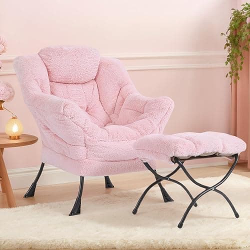 Tiita Lazy Chair with Ottoman, Pink Modern Large Accent Chair, Comfy Leisure Sofa Armchair with Ottoman, Reading Chair with Footrest for Bedroom, Living Room, Dorm Rooms, Plush Pink thumbnail 2