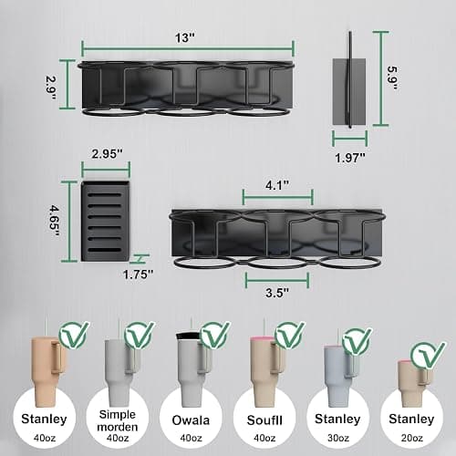 Magnetic Cup Holder for Fridge, Aufworld Tumbler Organizer Fits 20/30/40 oz Stanley Cups, Accessory Storage with Lid & Straw Holder, Space-Saving Storage Rack for Kitchen Fridge (Black-Cup Holder Set) thumbnail 2