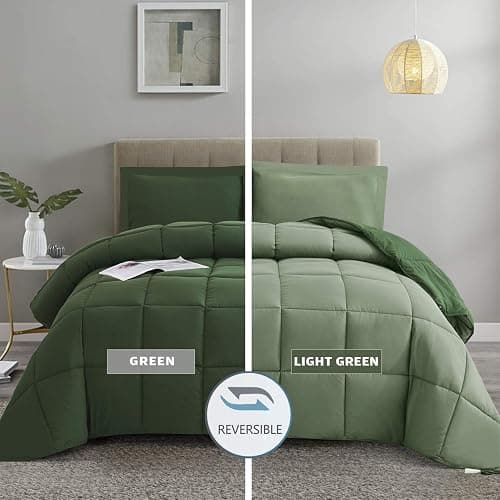 HIG 3pc Green Comforter Set Full SizeDuvet Insert, Reversible, All Season, Box Stitched, with Corner Tabs, Soft, Fluffy thumbnail 2