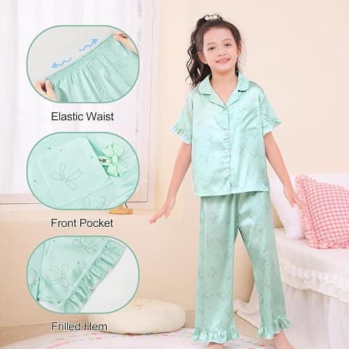 MHJY Schlafanzug Mädchen Set 8-14 Jahre, Kurzarm Pyjama mit Knopfleiste und Lange Hose, Weiches Seidig Nachtwäsche Kinder Teenager PJS thumbnail 4