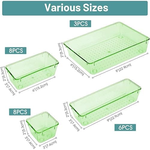 WOWBOX 25 PCS Plastic Drawer Organizer Set, 4 Sizes Desk Drawer Divider Organizers and Storage Bins for Makeup, Jewelry, Gadgets for Kitchen, Bedroom, Bathroom, Office, Clear Green thumbnail 3
